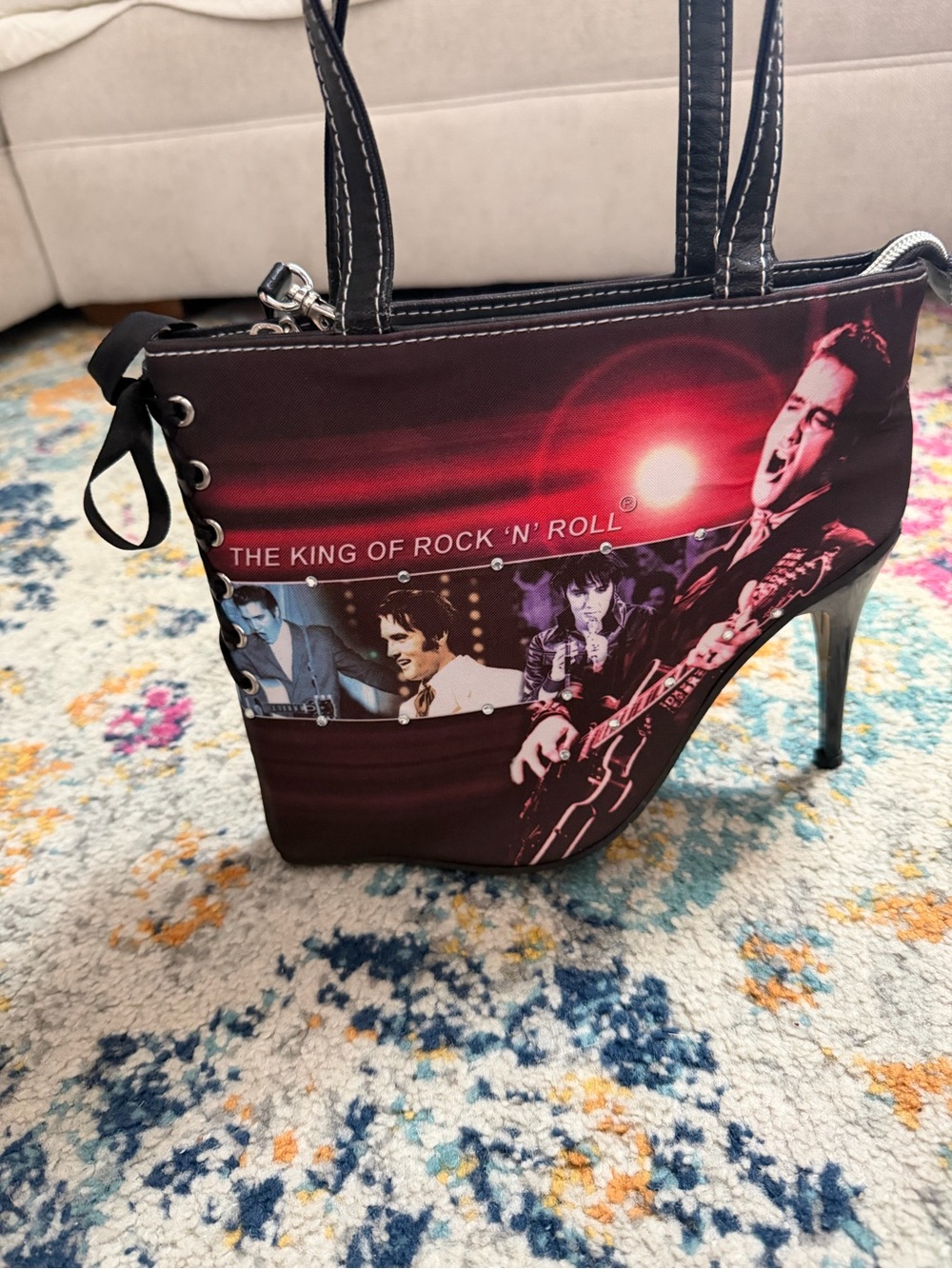 King of Rock 'N' Roll Elvis Graphic High-Heel Tote in Burgundy and Black